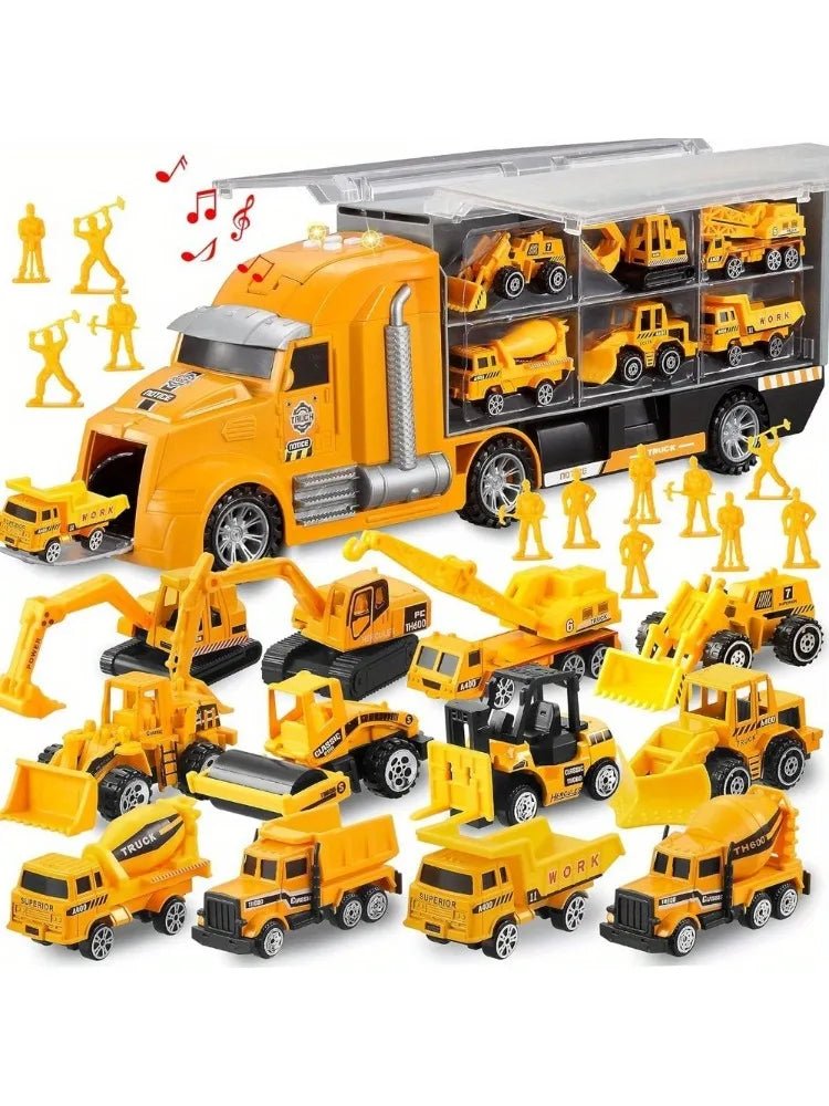 JOYFY 25 in 1 Die-cast Construction Play Vehicle Set Vehicles with Sounds and Lights in Carrier Truck for Kids Birthday Gifts - jouetsbebe.com