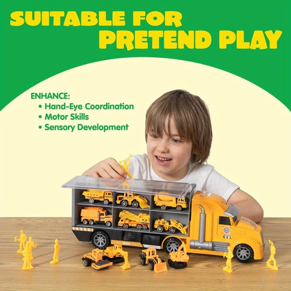 JOYFY 25 in 1 Die-cast Construction Play Vehicle Set Vehicles with Sounds and Lights in Carrier Truck for Kids Birthday Gifts - jouetsbebe.com
