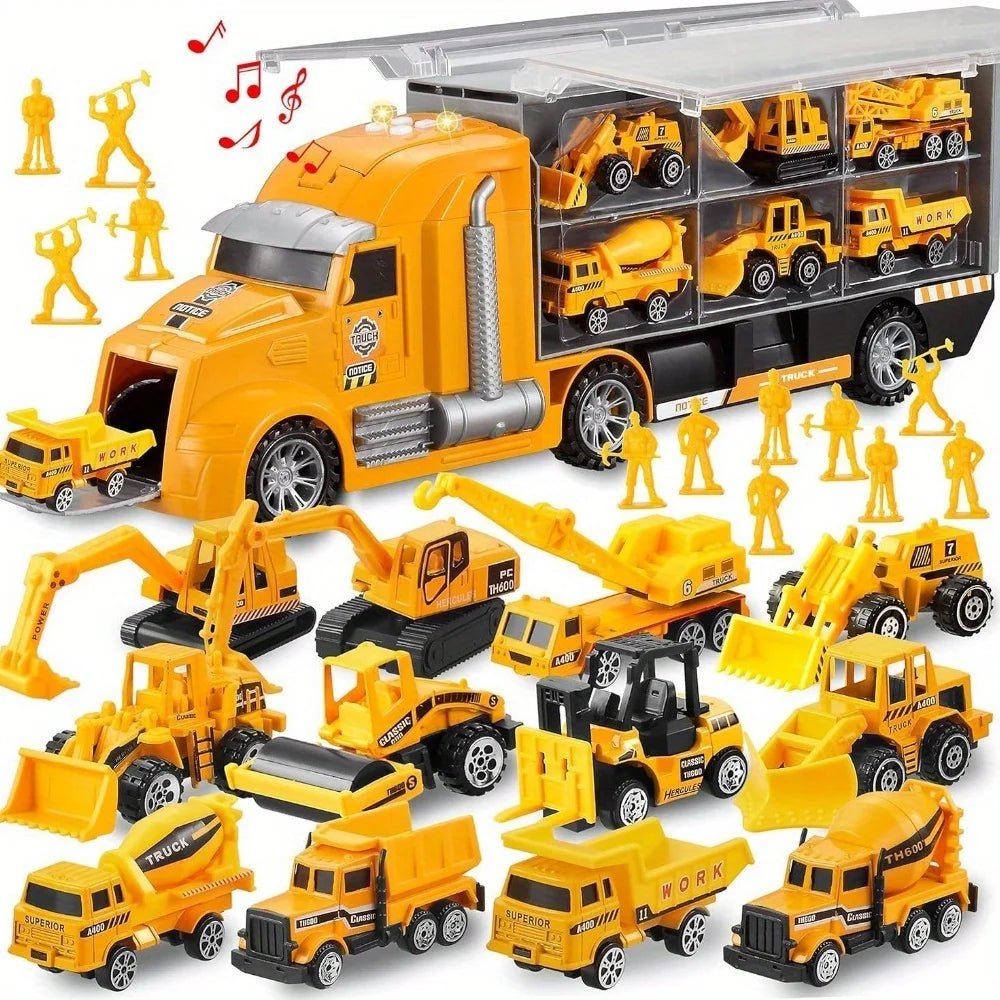 JOYFY 25 in 1 Die-cast Construction Play Vehicle Set Vehicles with Sounds and Lights in Carrier Truck for Kids Birthday Gifts - jouetsbebe.com