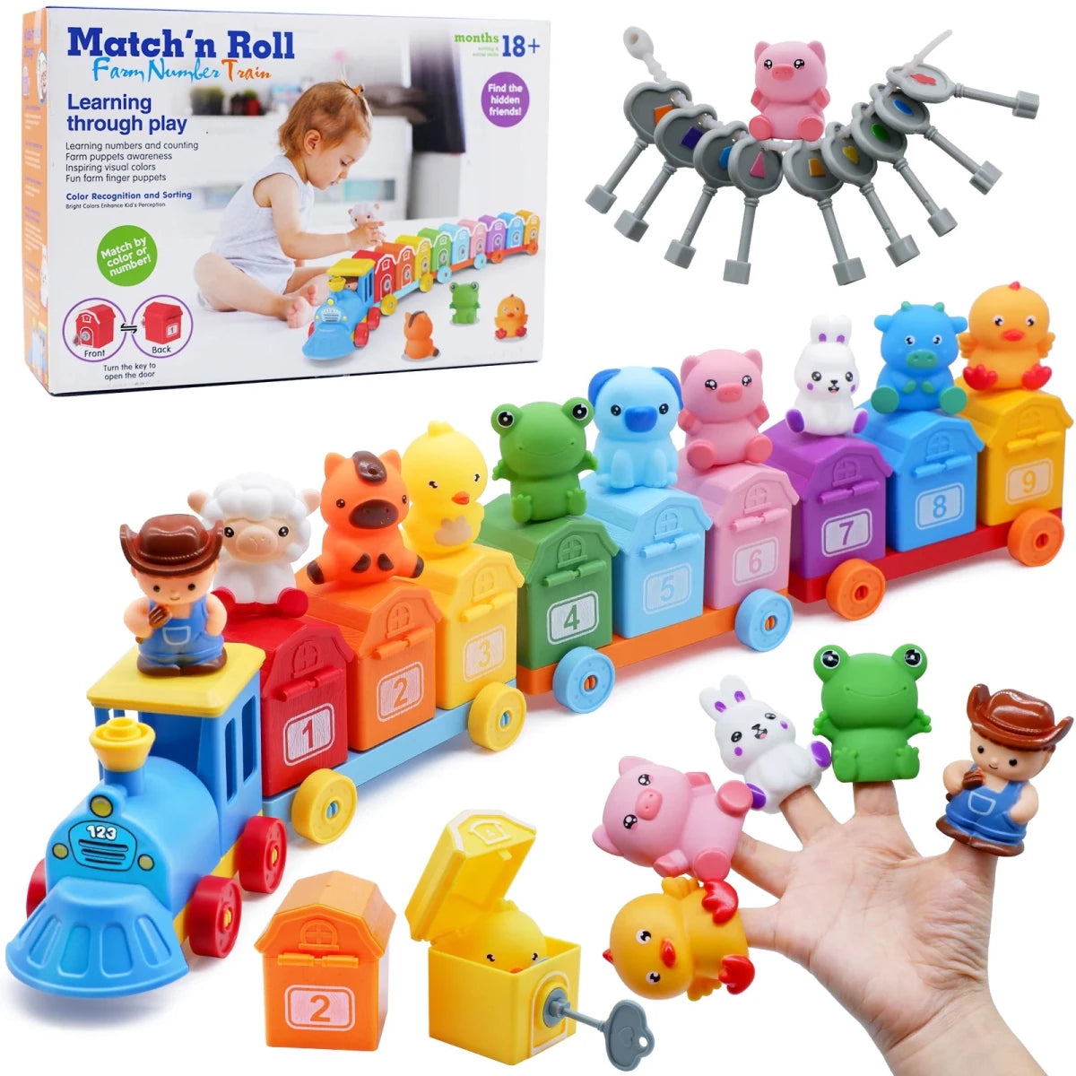 JOYFY Montessori Counting Matching & Sorting Learning Farm Train Including 9 Farm Animals and Farmer for Kids Birthday Gift - jouetsbebe.com