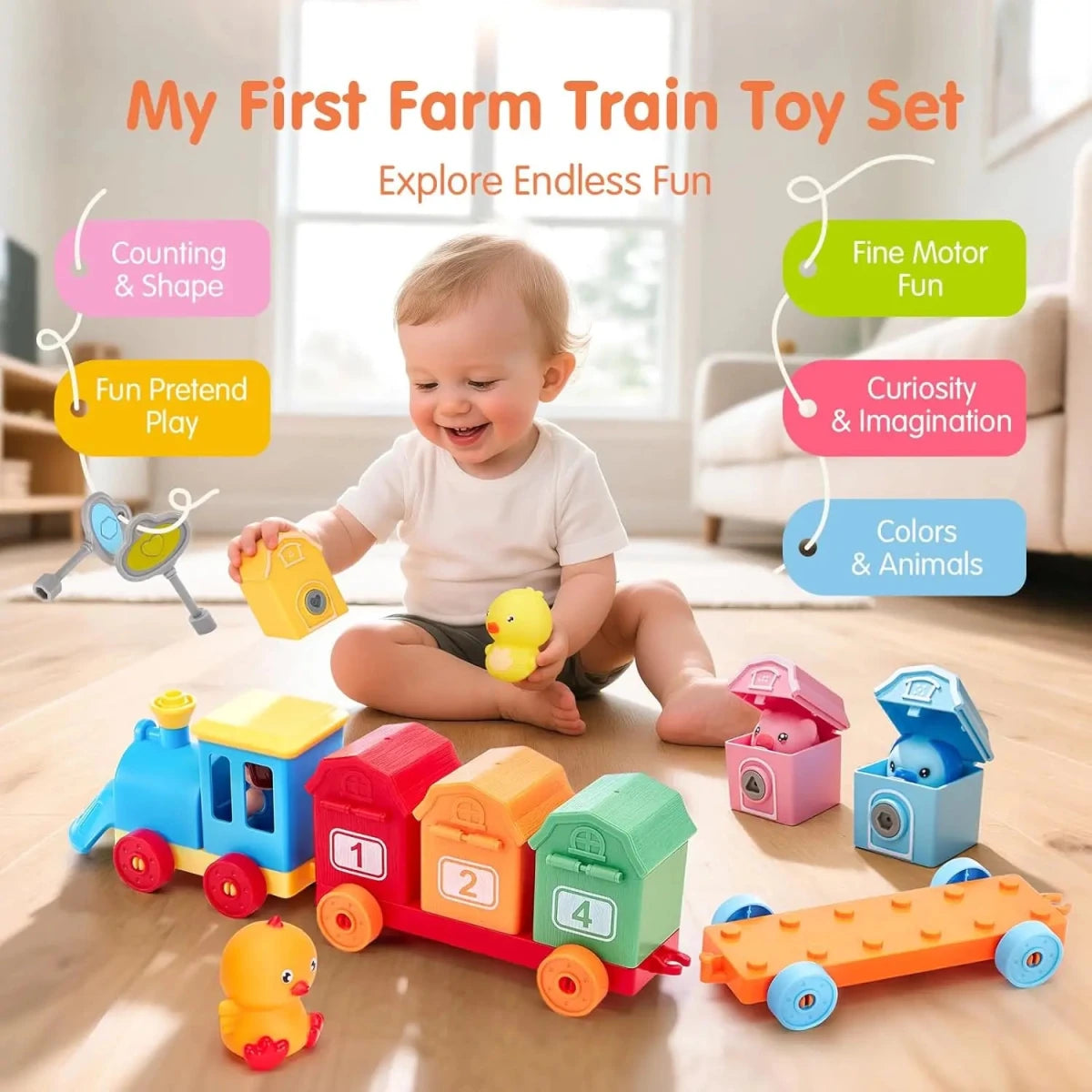 JOYFY Montessori Counting Matching & Sorting Learning Farm Train Including 9 Farm Animals and Farmer for Kids Birthday Gift - jouetsbebe.com
