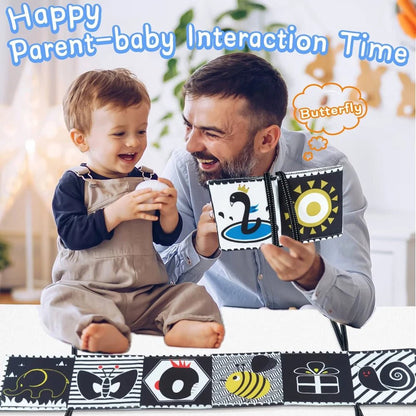 👶 Livre Tissu Noir & Blanc Montessori – Jouet Sensoriel pour Bébé 0 - 36 Mois - jouetsbebe.com