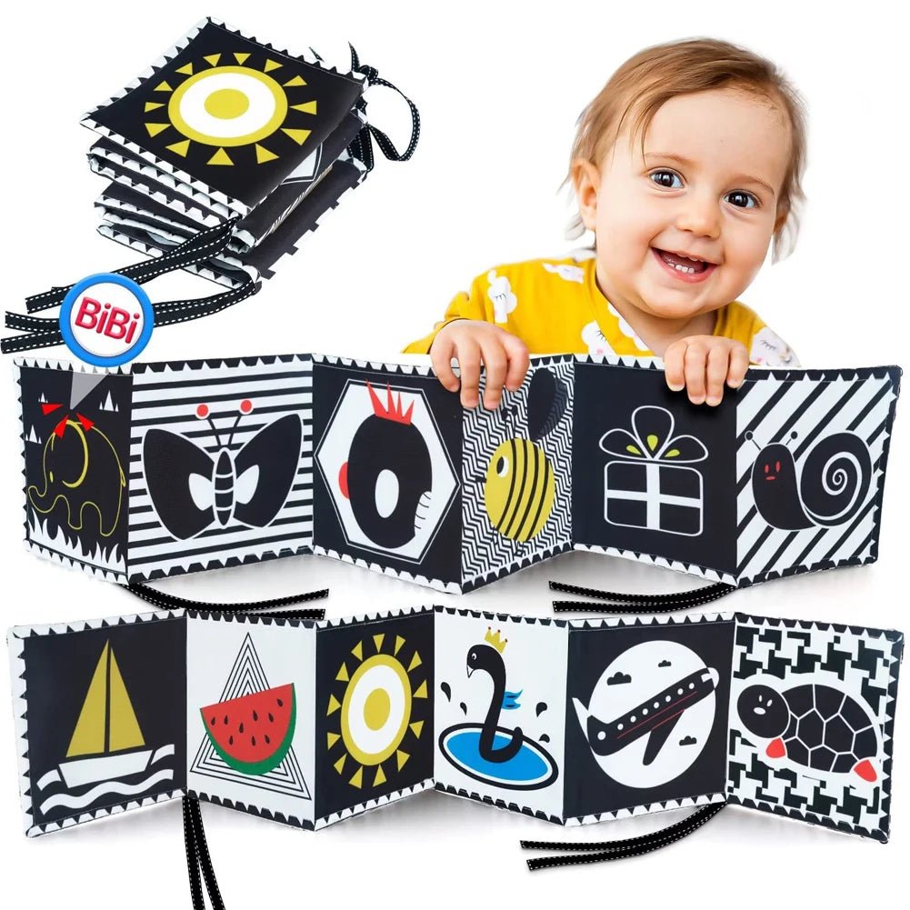 👶 Livre Tissu Noir & Blanc Montessori – Jouet Sensoriel pour Bébé 0 - 36 Mois - jouetsbebe.com