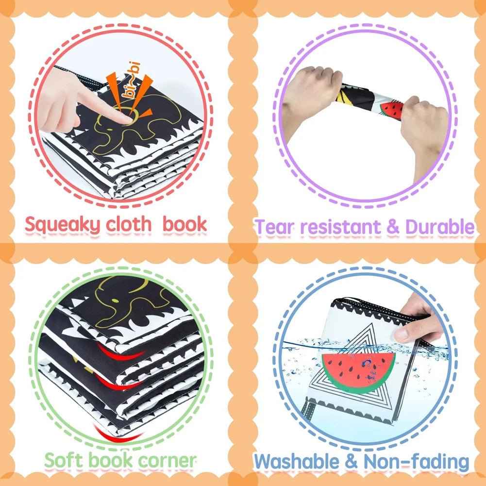 👶 Livre Tissu Noir & Blanc Montessori – Jouet Sensoriel pour Bébé 0 - 36 Mois - jouetsbebe.com