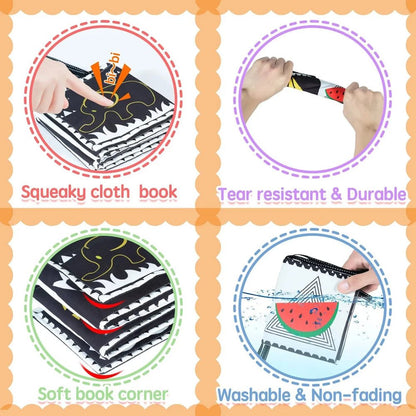👶 Livre Tissu Noir & Blanc Montessori – Jouet Sensoriel pour Bébé 0 - 36 Mois - jouetsbebe.com
