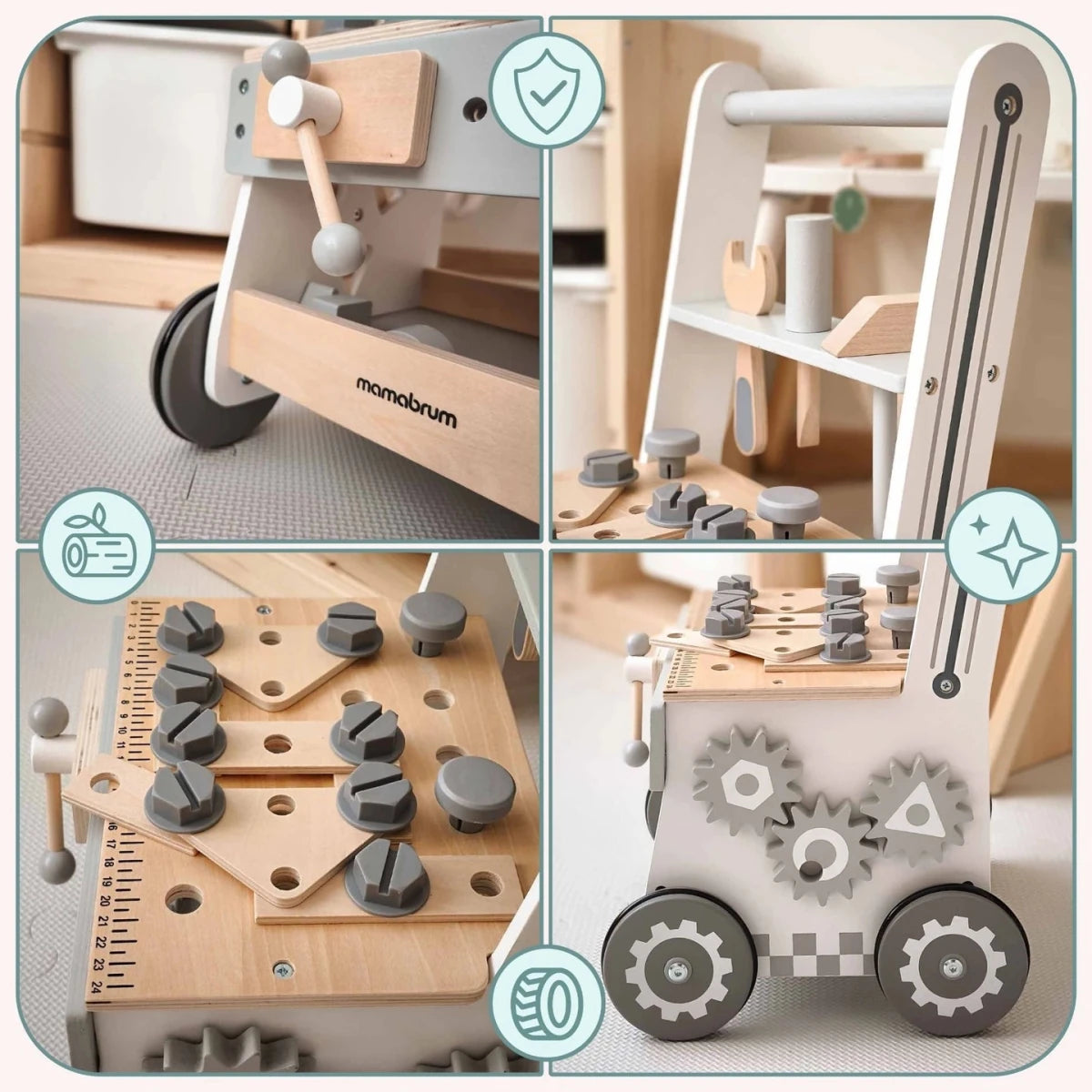 Mamabrum Wooden Walker Push Cart Workshop 3in1 Set 47 Pieces Montessori Educational Toy for Kids 12m+ Motor Skills - jouetsbebe.com
