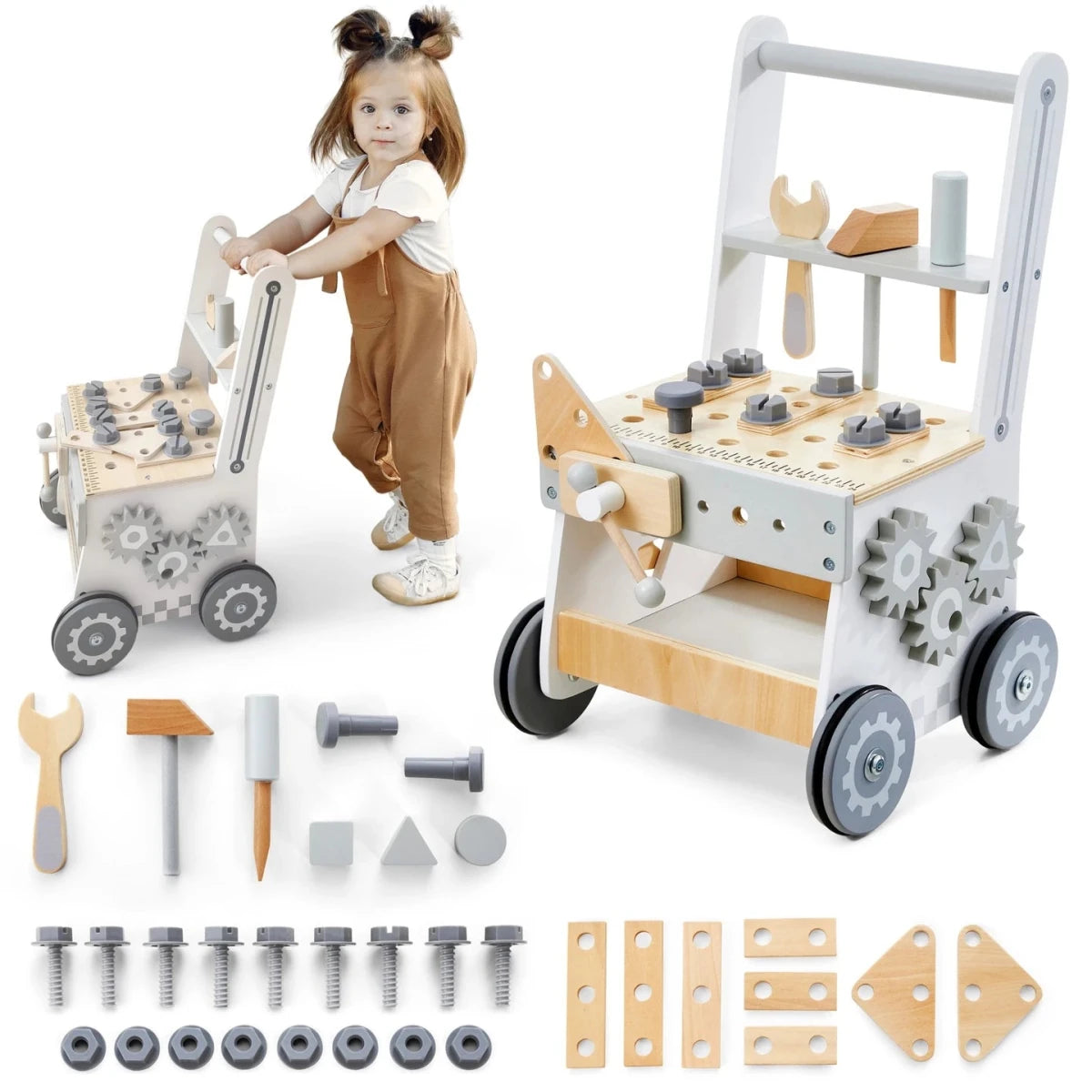 Mamabrum Wooden Walker Push Cart Workshop 3in1 Set 47 Pieces Montessori Educational Toy for Kids 12m+ Motor Skills - jouetsbebe.com