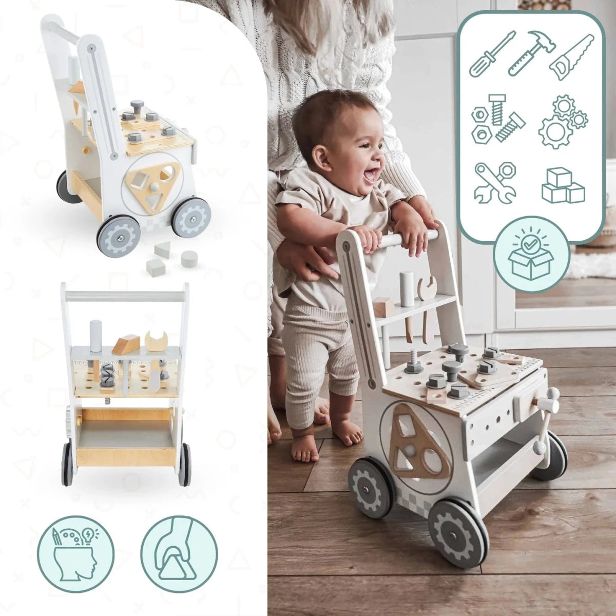 Mamabrum Wooden Walker Push Cart Workshop 3in1 Set 47 Pieces Montessori Educational Toy for Kids 12m+ Motor Skills - jouetsbebe.com