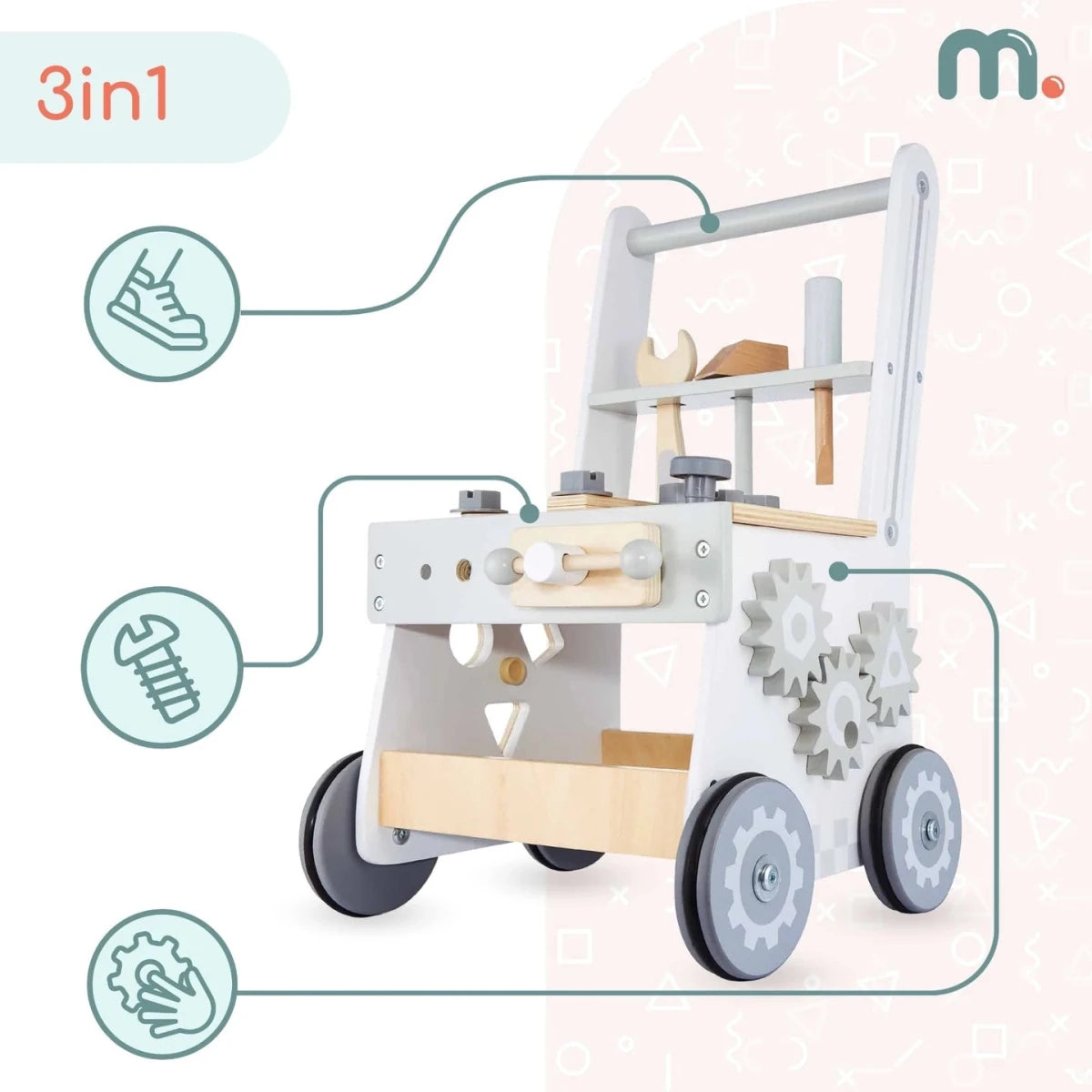 Mamabrum Wooden Walker Push Cart Workshop 3in1 Set 47 Pieces Montessori Educational Toy for Kids 12m+ Motor Skills - jouetsbebe.com
