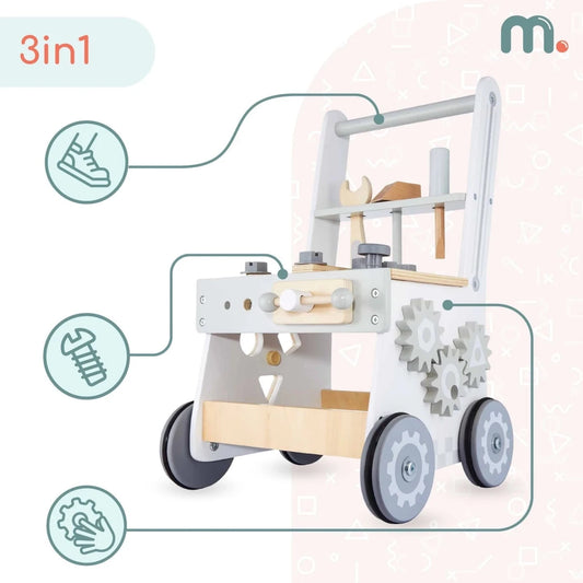 Mamabrum Wooden Walker Push Cart Workshop 3in1 Set 47 Pieces Montessori Educational Toy for Kids 12m+ Motor Skills - jouetsbebe.com