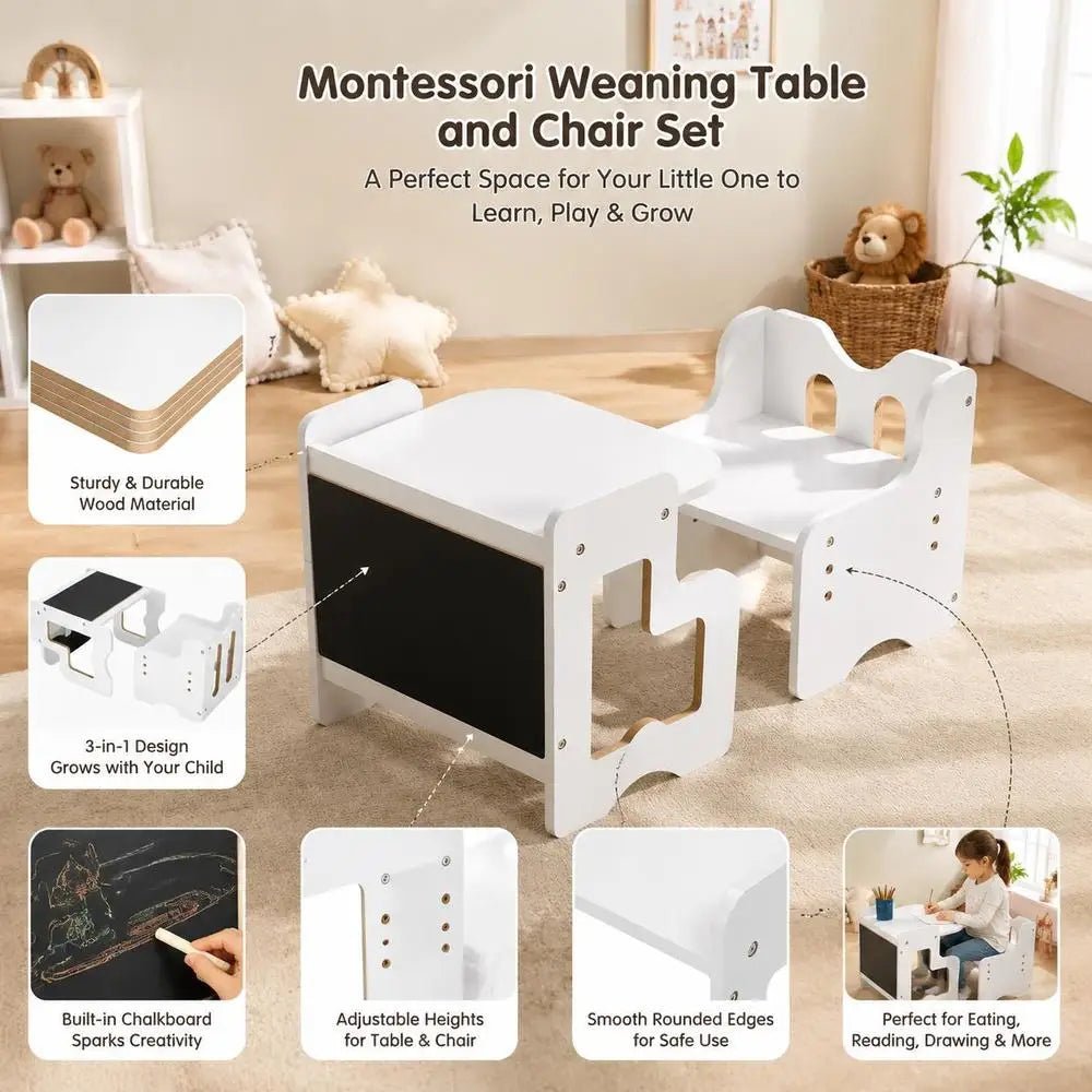 Montessori Table and Chair Set for Toddlers with Chalkboard, Wooden Activity Table and Play Table for 1-5 Year Olds, Height Adjustable Kids Furniture for Reading and Eating, White - jouetsbebe.com