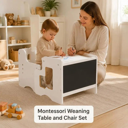 Montessori Table and Chair Set for Toddlers with Chalkboard, Wooden Activity Table and Play Table for 1-5 Year Olds, Height Adjustable Kids Furniture for Reading and Eating, White - jouetsbebe.com