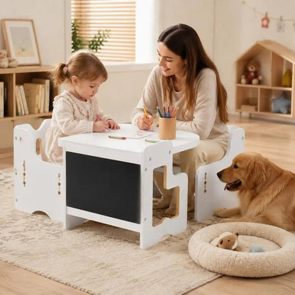 Montessori Table and Chair Set for Toddlers with Chalkboard, Wooden Activity Table and Play Table for 1-5 Year Olds, Height Adjustable Kids Furniture for Reading and Eating, White - jouetsbebe.com