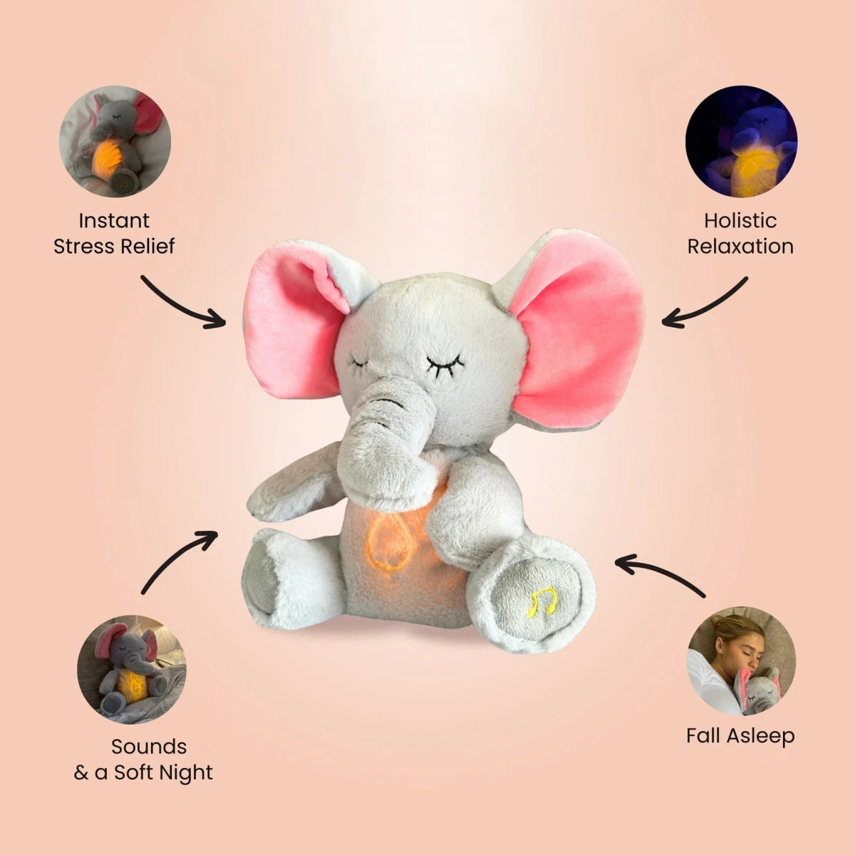 Peluche Éléphant Apaisante – Doudou Respirant Musical & Lumineux 4 Modes - jouetsbebe.com