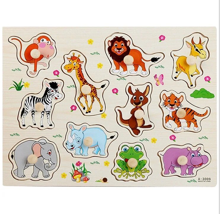 🧩 Puzzle Montessori en Bois 30 cm (Animaux et Véhicules) - jouetsbebe.com