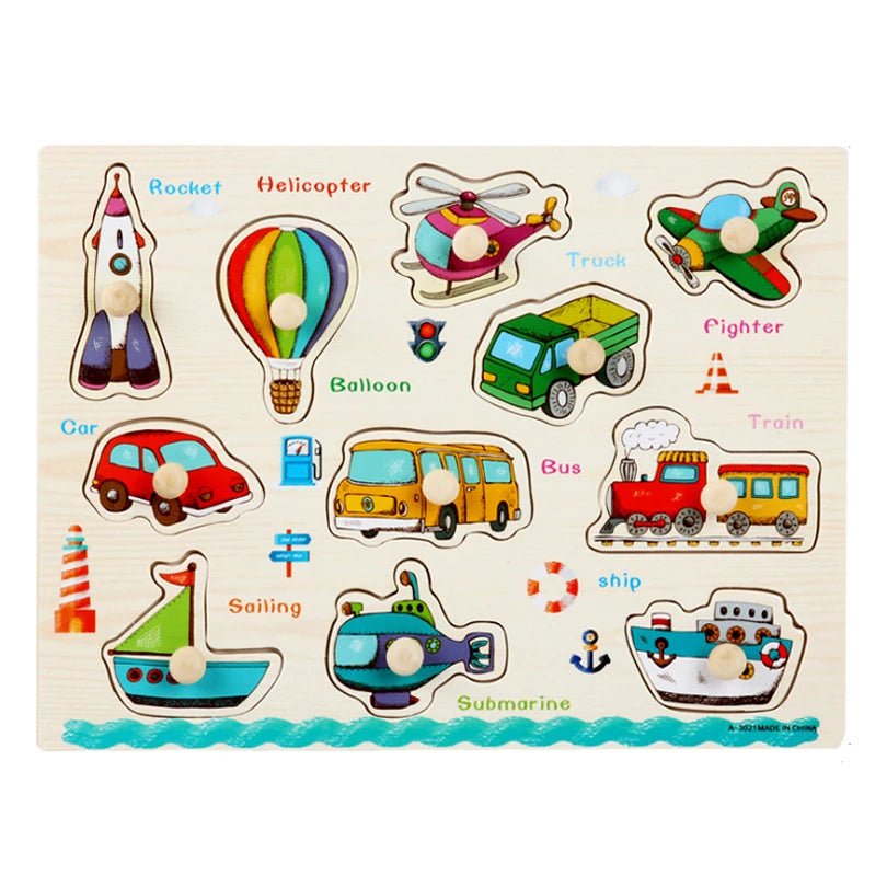 🧩 Puzzle Montessori en Bois 30 cm (Animaux et Véhicules) - jouetsbebe.com