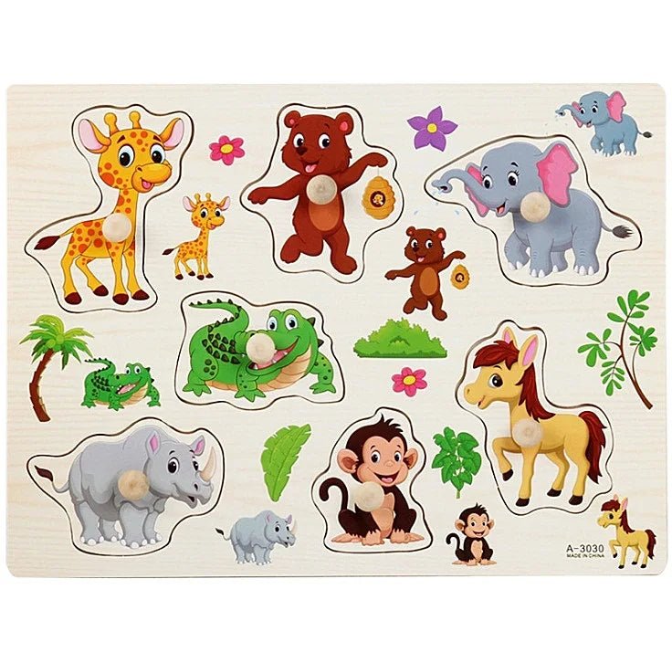🧩 Puzzle Montessori en Bois 30 cm (Animaux et Véhicules) - jouetsbebe.com