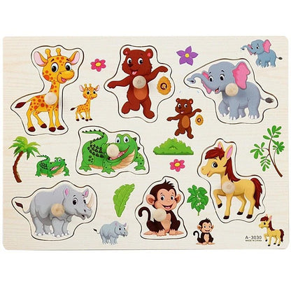 🧩 Puzzle Montessori en Bois 30 cm (Animaux et Véhicules) - jouetsbebe.com