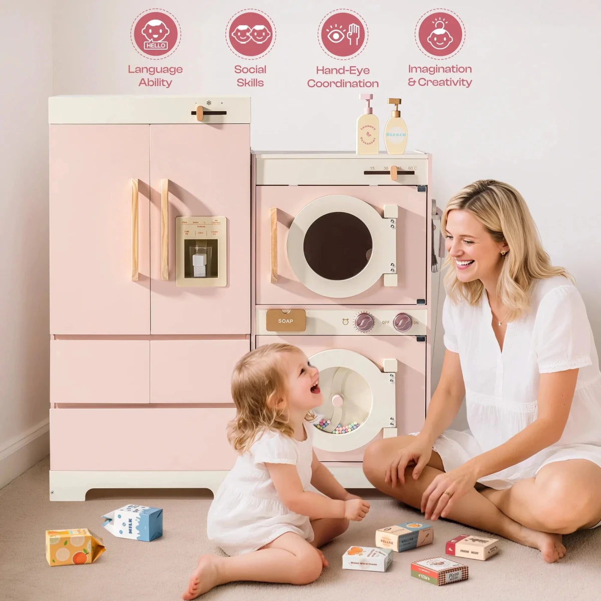 Robud Kids Wooden Pink Play Kitchen All in 1 Corner Set Includes Oven Refrigerator Washer Perfect Birthday Gift for Little Chefs - jouetsbebe.com