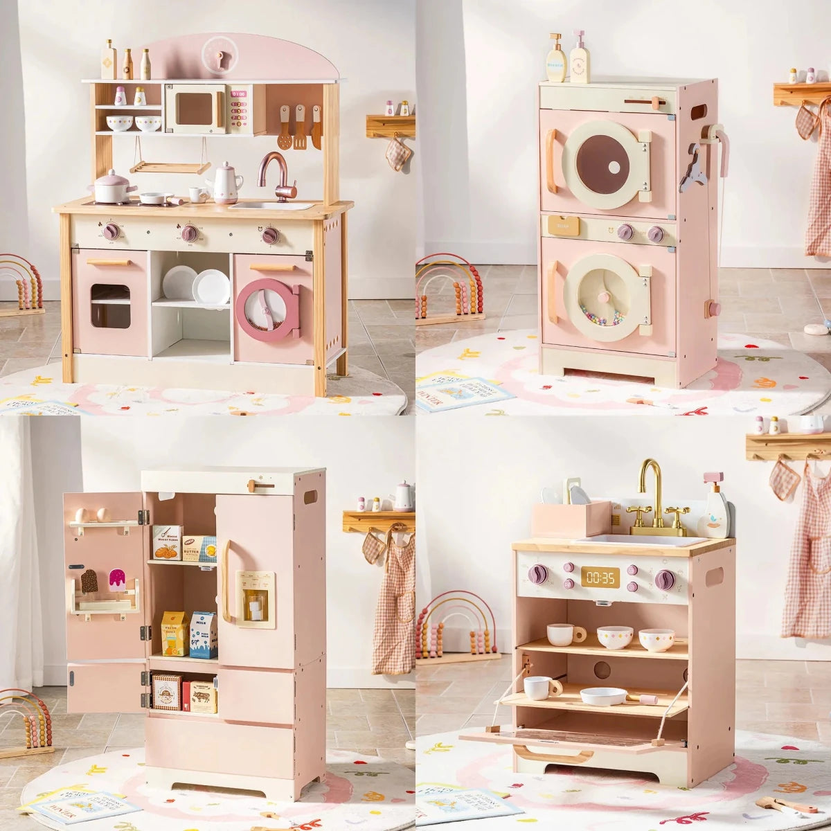 Robud Kids Wooden Pink Play Kitchen All in 1 Corner Set Includes Oven Refrigerator Washer Perfect Birthday Gift for Little Chefs - jouetsbebe.com