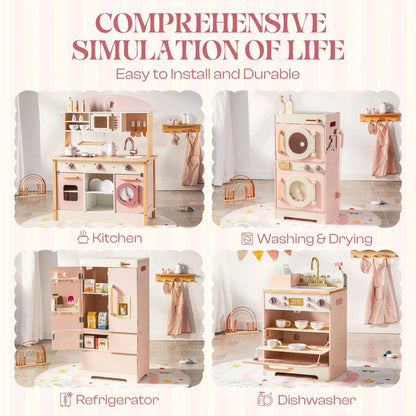 Robud Kids Wooden Pink Play Kitchen All in 1 Corner Set Includes Oven Refrigerator Washer Perfect Birthday Gift for Little Chefs - jouetsbebe.com