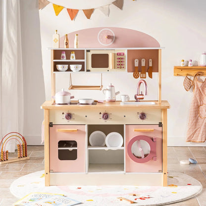 Robud Kids Wooden Pink Play Kitchen All in 1 Corner Set Includes Oven Refrigerator Washer Perfect Birthday Gift for Little Chefs - jouetsbebe.com