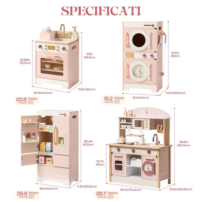 Robud Kids Wooden Pink Play Kitchen All in 1 Corner Set Includes Oven Refrigerator Washer Perfect Birthday Gift for Little Chefs - jouetsbebe.com