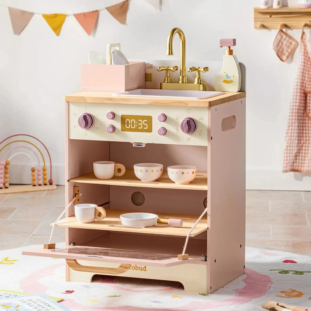Robud Kids Wooden Pink Play Kitchen All in 1 Corner Set Includes Oven Refrigerator Washer Perfect Birthday Gift for Little Chefs - jouetsbebe.com