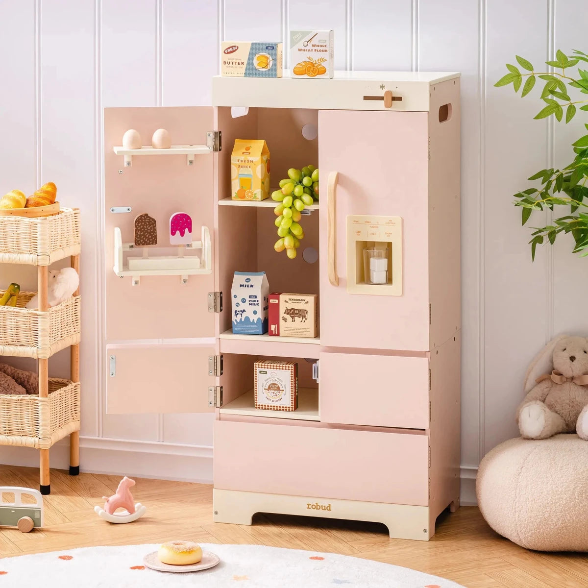 Robud Kids Wooden Pink Play Kitchen All in 1 Corner Set Includes Oven Refrigerator Washer Perfect Birthday Gift for Little Chefs - jouetsbebe.com