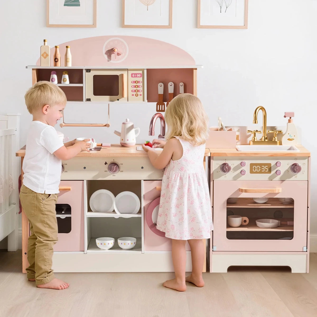 Robud Kids Wooden Pink Play Kitchen All in 1 Corner Set Includes Oven Refrigerator Washer Perfect Birthday Gift for Little Chefs - jouetsbebe.com