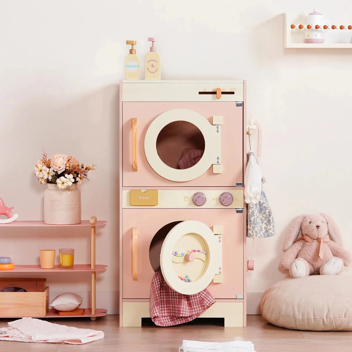 Robud Kids Wooden Pink Play Kitchen All in 1 Corner Set Includes Oven Refrigerator Washer Perfect Birthday Gift for Little Chefs - jouetsbebe.com