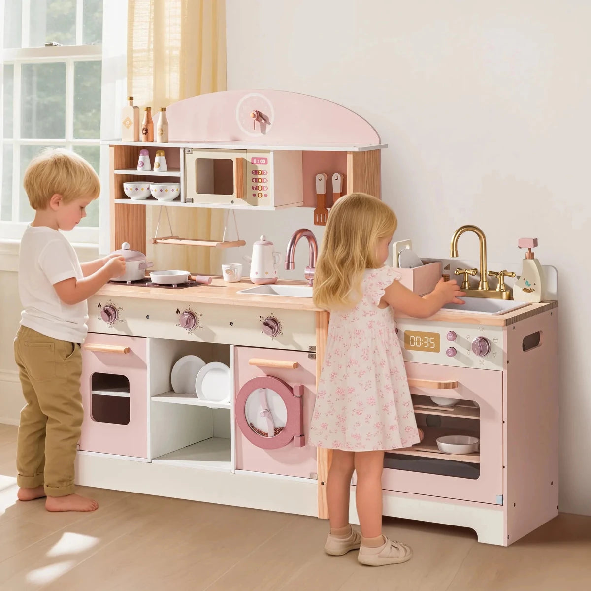 Robud Kids Wooden Pink Play Kitchen All in 1 Corner Set Includes Oven Refrigerator Washer Perfect Birthday Gift for Little Chefs - jouetsbebe.com