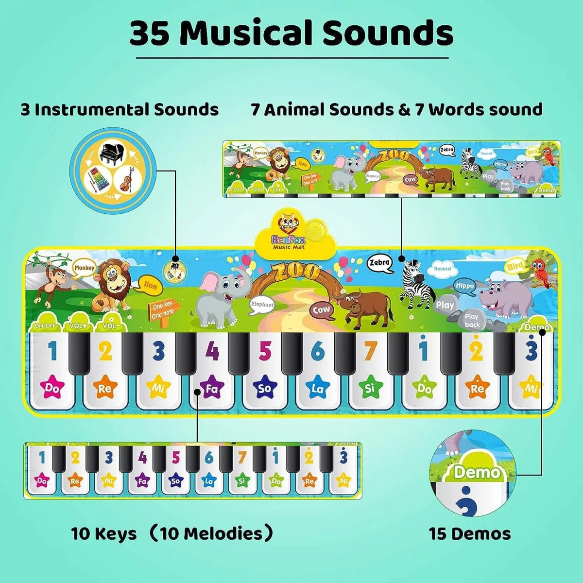 Tapis Piano Musical Bébé 10 Touches – 3 Instruments et Sons Interactifs - jouetsbebe.com
