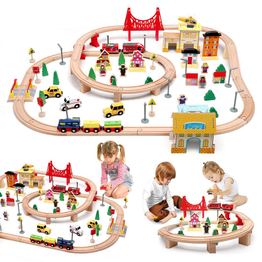 Train en Bois – Circuit Magnétique Complet avec Ponts, Rails et Accessoires - jouetsbebe.com