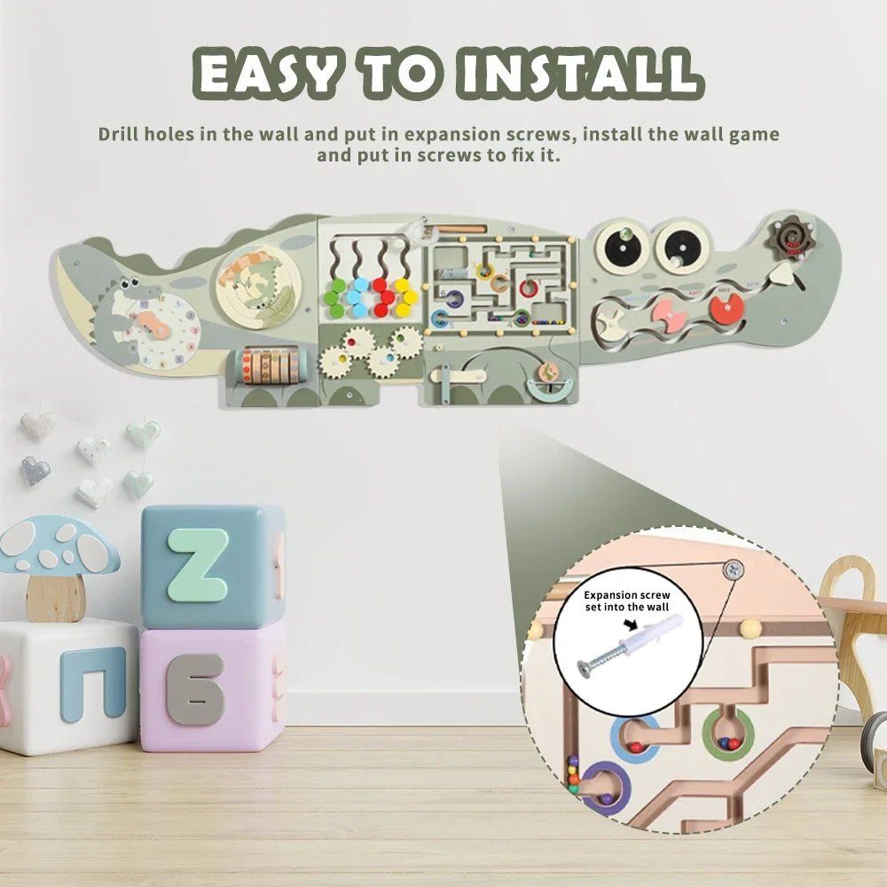 Wooden Activity Wall Board, Crocodile & Dolphins Design, Educational Sensory Panel, Montessori Learning Station - jouetsbebe.com