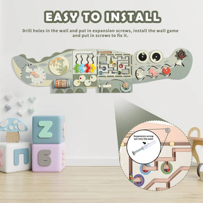 Wooden Activity Wall Board, Crocodile & Dolphins Design, Educational Sensory Panel, Montessori Learning Station - jouetsbebe.com