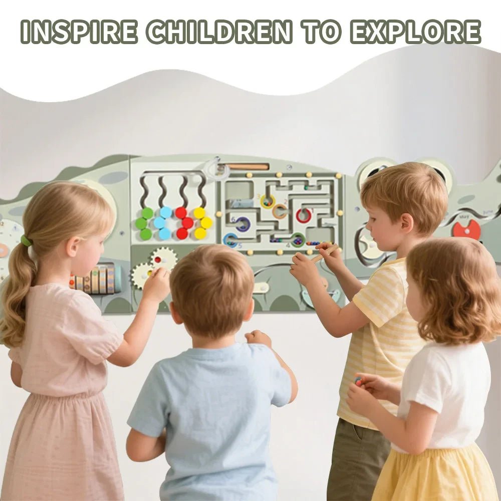 Wooden Activity Wall Board, Crocodile & Dolphins Design, Educational Sensory Panel, Montessori Learning Station - jouetsbebe.com