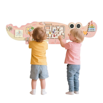 Wooden Activity Wall Board, Crocodile & Dolphins Design, Educational Sensory Panel, Montessori Learning Station - jouetsbebe.com