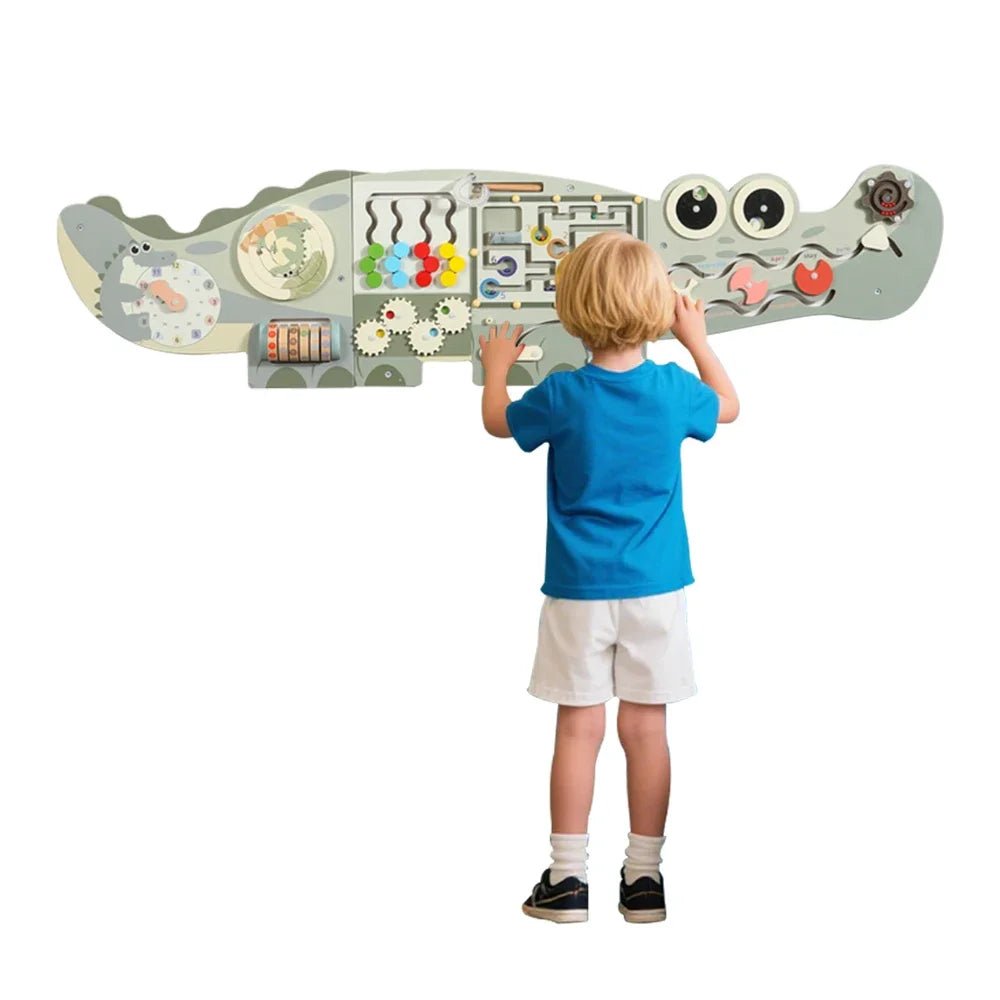 Wooden Activity Wall Board, Crocodile & Dolphins Design, Educational Sensory Panel, Montessori Learning Station - jouetsbebe.com