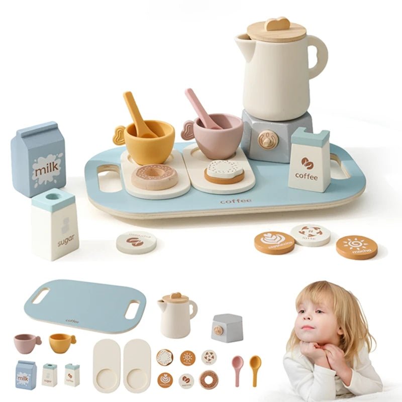 Wooden Baby Montessori Toys Coffee Teapot Simulation Kitchen Utensil BPA Free Silicone Teacup 1Year Child Pretend Play Toy Gift - jouetsbebe.com